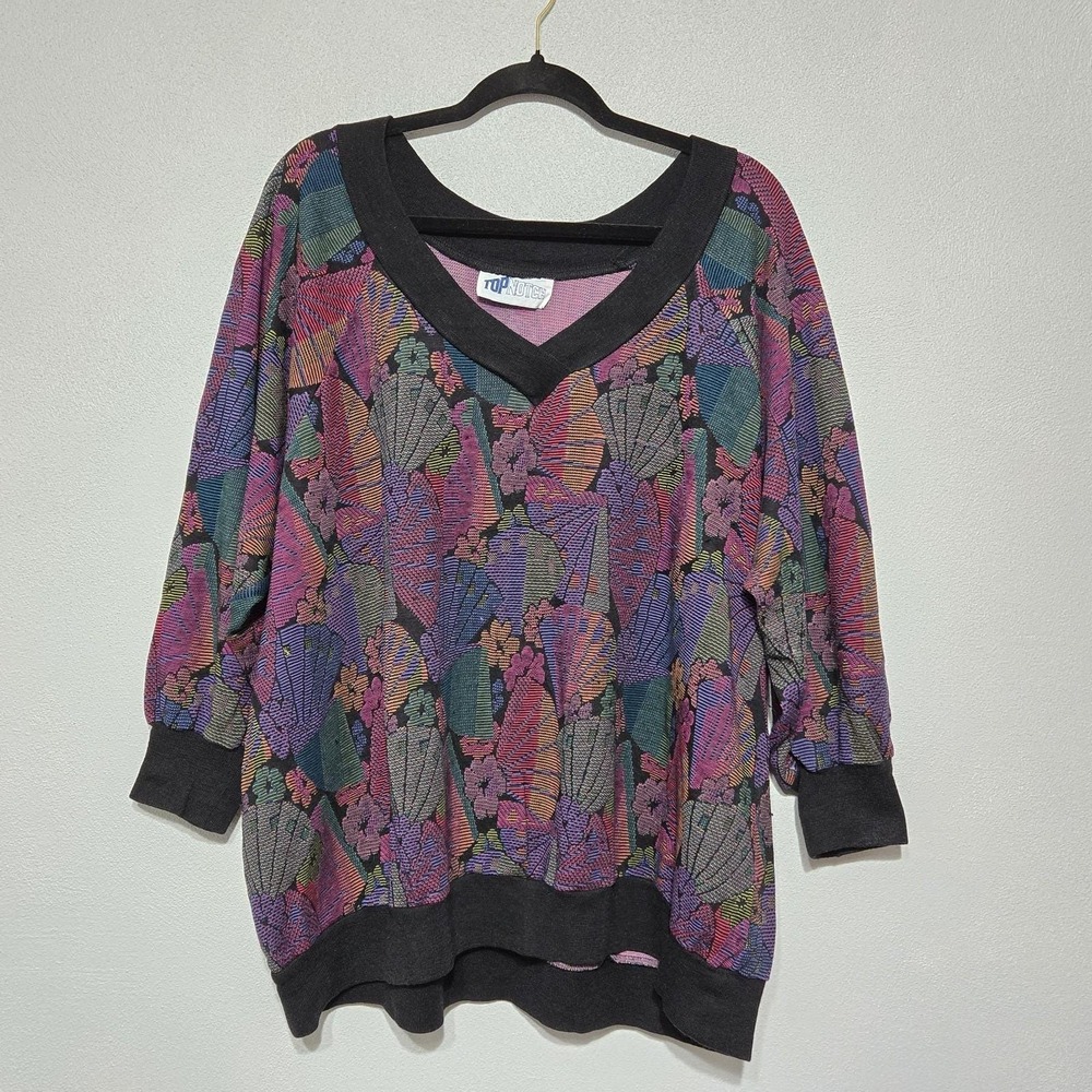 Vintage Top Notch Batwing Boatneck Floral/Fan Sweater Bracelet Sleeve Oversized